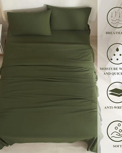 Army Green Queen Sheet Set - Hotel Luxury Bed Sheets 4 Pieces Cooling Sheets for Queen Size Bed - Easy Care Bedding Sheets & Pillowcases - 16'' Deep Pocket - Wrinkle, Fade, Stain Resistant - LeafyLoom