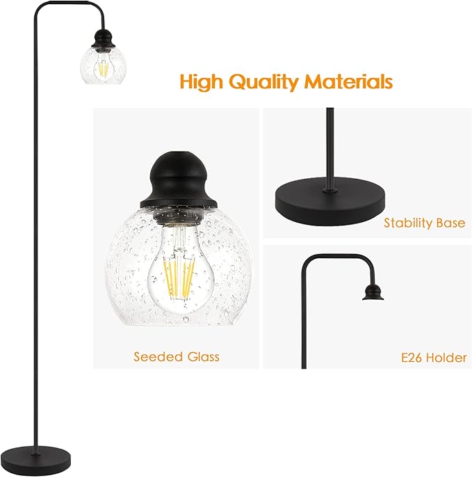Modern Floor Lamp for Living Room with 6W LED Bulb, Industrial Floor Lamp, Seeded Glass, Black Classic Reading Tall Lamp for Home Office, Standing Lamps for Bedroom, Minimalist, Vintage, Farmhouse - LeafyLoom