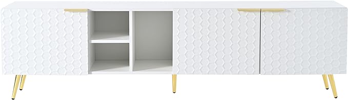 Merax Modern Minimalist Geometric TV Stand with Metal Handles and Gold Legs for Televisions Up to 80'' Multi-Functional Storage Cabinet, Entertainment Center for Living Room, 70.80" Length, White - LeafyLoom