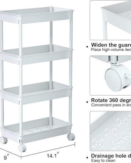 Sooyee 4 Tier Wide Storage Cart Mobile Shelving Unit Organizer Slide Out Storage Rolling Utility Cart Tower Rack for Kitchen Bathroom Laundry, Plastic & Stainless Steel,White - LeafyLoom