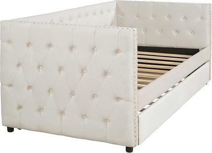 Twin Size Tufted Upholstered Daybed with Trundle, Solid Wood Velvet Bed with Rivet Design, No Box-spring Needed, for Living Room, Bedroom, Dorm, Space-Saving Design - LeafyLoom
