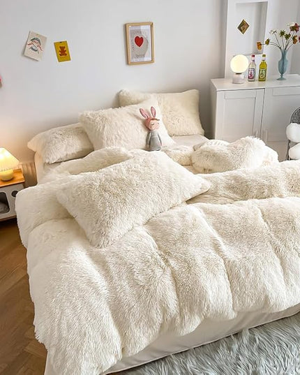 Faux Fur Kids Girls Milky White Comforter Sets King - 3PC Bed Set Warm Comfortable Soft Plush Flannel Velvet Fluffy Fuzzy Bedding（Comforter x 1 Pillowcases x 2） - LeafyLoom