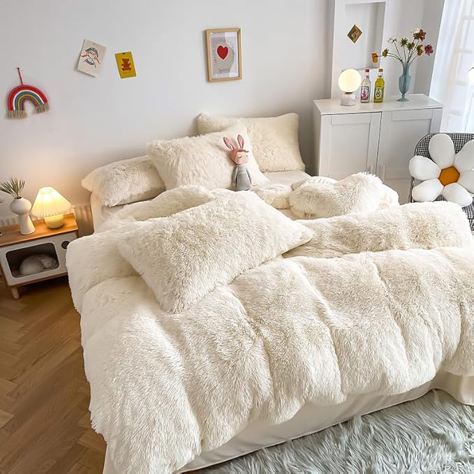 Faux Fur Kids Girls Milky White Comforter Sets Queen - 3PC Bed Set Warm Comfortable Soft Plush Flannel Velvet Fluffy Fuzzy Bedding（Comforter x 1 Pillowcases x 2） - LeafyLoom