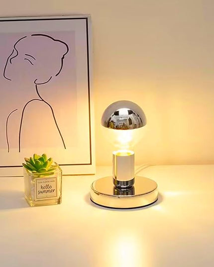 Simple Unique Lamp Base Only,Mini Bedside Table Lamp Bases,E26 Edison Light Bulb Stand Lamps for Small Spaces,Minimalist Desk Lamps Set w/ 5.8ft White Cord Switch Plug,No Bulb,Silver/Chrome,S - LeafyLoom