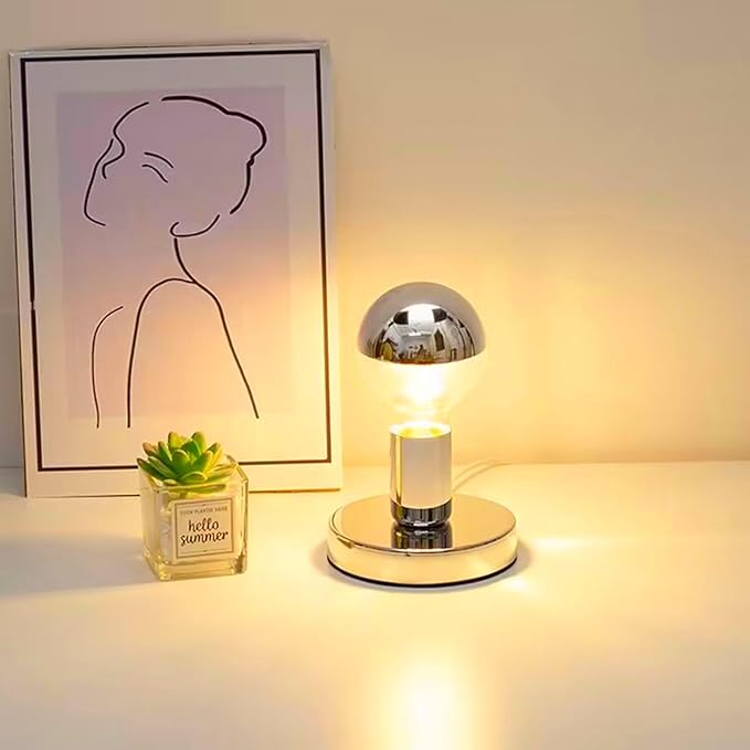 Simple Unique Lamp Base Only,Mini Bedside Table Lamp Bases,E26 Edison Light Bulb Stand Lamps for Small Spaces,Minimalist Desk Lamps Set w/ 5.8ft White Cord Switch Plug,No Bulb,Silver/Chrome,S - LeafyLoom