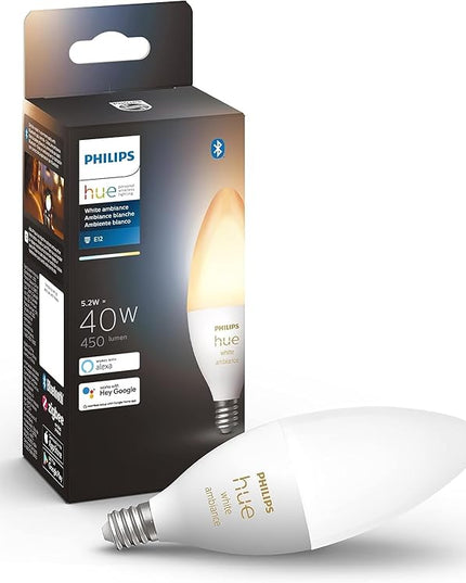 Philips Hue Smart 40W B39 Candle-Shaped LED Bulb - White Ambiance Warm-to-Cool White Light - 1 Pack - 450LM - E12 - Indoor - Control with Hue App - Works with Alexa, Google Assistant and Apple Homekit PhilipsHue