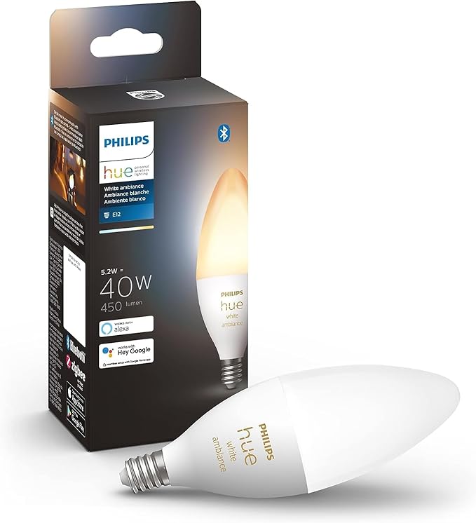Philips Hue Smart 40W B39 Candle-Shaped LED Bulb - White Ambiance Warm-to-Cool White Light - 1 Pack - 450LM - E12 - Indoor - Control with Hue App - Works with Alexa, Google Assistant and Apple Homekit PhilipsHue