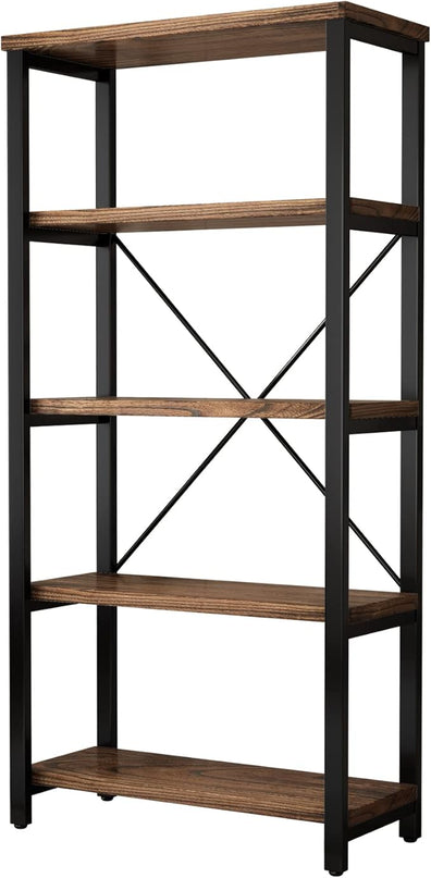 5 Tier Industrial Solid Wood Bookshelf, Open Etagere Bookcase with Metal Frame, Vintage Industrial Style Bookcase/Metal and Wood Bookshelf Furniture (AY01-5tier) - LeafyLoom