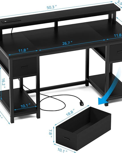 GreenForest Computer Desk with 2 Drawers and Power Outlets,50 Inch Office Desk with 2 Monitor Stands and Fabric File Cabinet, Reversible Gaming table with Led Lights and Shelves, Work Desk, Black - LeafyLoom
