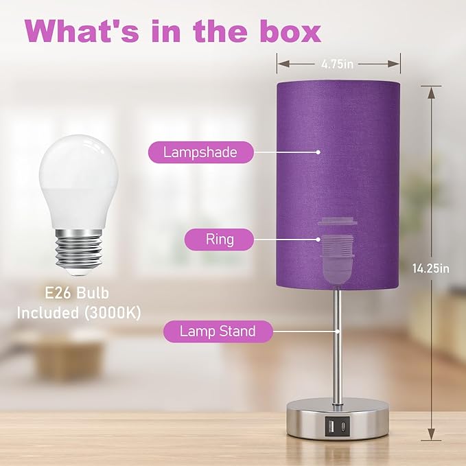 AKASUKI Table Lamp for Bedroom, 3 Way Dimmable Touch Lamp with Dual Charging Station, Small Bedside Lamps for Night Stands, Living Room, Office(LED Bulb Included) - LeafyLoom