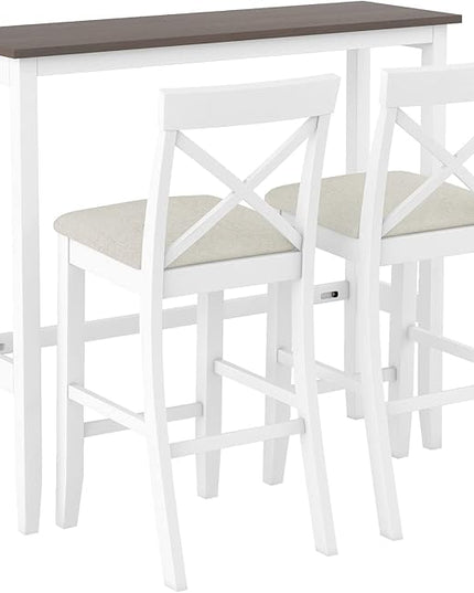 Voohek 3-Piece Bar Table and Chairs Set, Wood Counter Height Dining Furniture for 2, Small Space, Kitchen, Breakfast Nook, Bistro,Apartment, Industrial Style, White - LeafyLoom