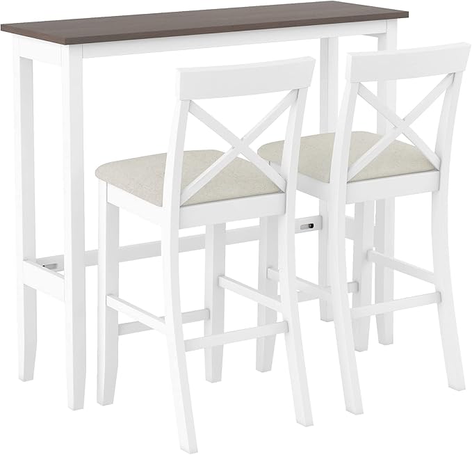 Voohek 3-Piece Bar Table and Chairs Set, Wood Counter Height Dining Furniture for 2, Small Space, Kitchen, Breakfast Nook, Bistro,Apartment, Industrial Style, White - LeafyLoom