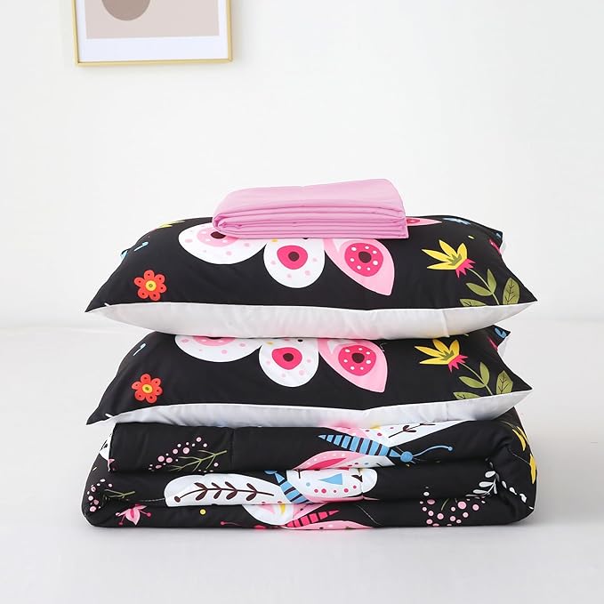 Girls Butterfly Comforter Set Queen Size Black 7 Piece Bed in A Bag Colorful Flowers Leaves Bedding Set for Kids Teens Adults Super Soft All Season - LeafyLoom