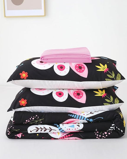 Girls Butterfly Comforter Set Twin Size Black 7 Piece Bed in A Bag Colorful Flowers Leaves Bedding Set for Kids Teens Super Soft All Season - LeafyLoom