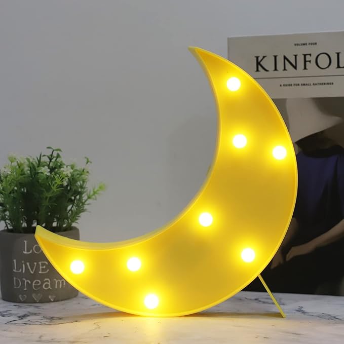 LED Moon Shaped Marquee Signs, Light Up Moon Night Lights Battery Operated Crescent Moon Lamp for Bedroom, Christmas, Birthday Party Decor-Moon(Yellow) - LeafyLoom