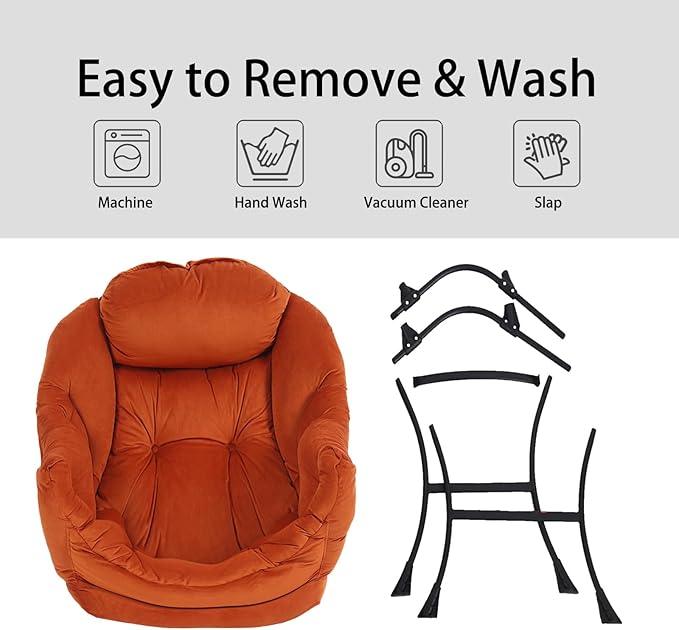 LITA Lazy Chair with Ottoman, Modern Lounge Accent Chair with Armrests and a Side Pocket, Leisure Upholstered Sofa Chair Set, Reading Chair with Footrest for Small Space, Corner Chair,Orange - LeafyLoom