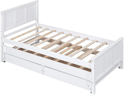Merax Classic Solid Wooden Bed Farme with Trundle Bed and Drawers Storage Sofa Bed for Living Room Bedroom Guest Room Space Saving,White - LeafyLoom