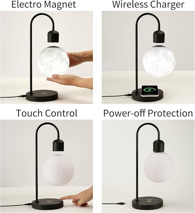 Floating Moon Lamp with Wireless Phone Charger & LED Levitating Ball in The Air Freely Unique Magnetic Cloud Desk Lamp with Cool Night Light, Home Office Decor & Gift for Friends Families - LeafyLoom