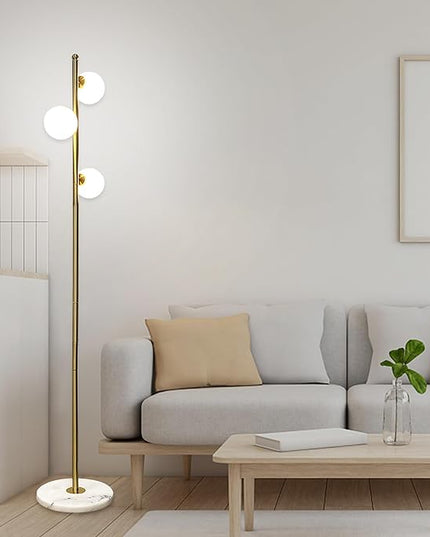 3-Globe Mid Century Floor Lamp for Living Room, Modern Dimmable Tall Standing Lamp with Frosted Glass Shades, Contemporary Gold Pole Lamp for Bedroom Office （Bulbs Included） - LeafyLoom