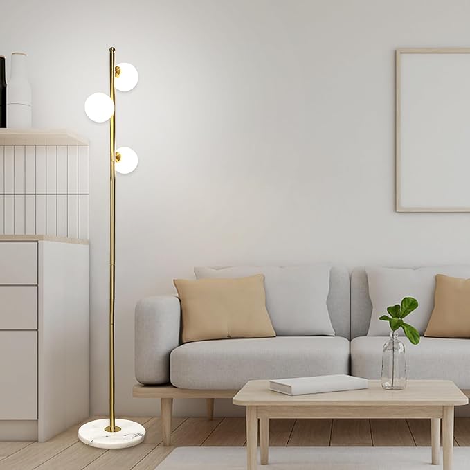 3-Globe Mid Century Floor Lamp for Living Room, Modern Dimmable Tall Standing Lamp with Frosted Glass Shades, Contemporary Gold Pole Lamp for Bedroom Office （Bulbs Included） - LeafyLoom