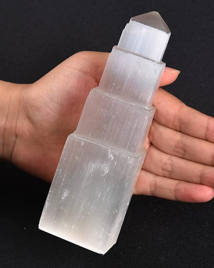JIC Gem USB Selenite Tower Lamp Natural Selenite Skyscraper Healing Crystal Lamp 6 Inch with Wooden Light Stand Base - LeafyLoom