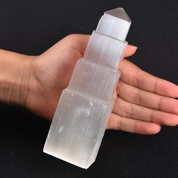 JIC Gem USB Selenite Tower Lamp Natural Selenite Skyscraper Healing Crystal Lamp 6 Inch with Wooden Light Stand Base - LeafyLoom