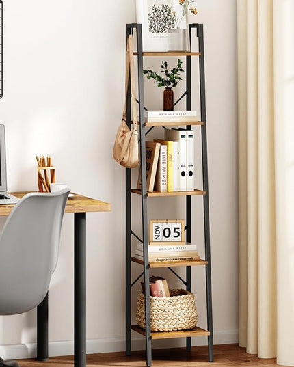 Ladder Shelf, Bookshelf Bookcase, Freestanding Corner Storage Shelve with 2 Hooks for Home Office, Living Room, Kitchen, Bedroom, Industrial, 5-Tier Rustic Brown BC03201B - LeafyLoom