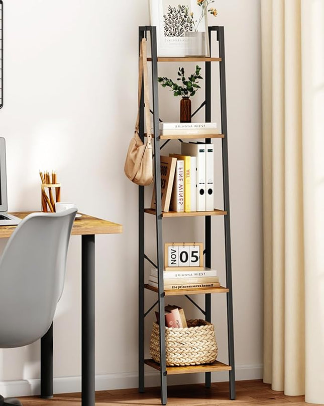 Ladder Shelf, Bookshelf Bookcase, Freestanding Corner Storage Shelve with 2 Hooks for Home Office, Living Room, Kitchen, Bedroom, Industrial, 5-Tier Rustic Brown BC03201B - LeafyLoom