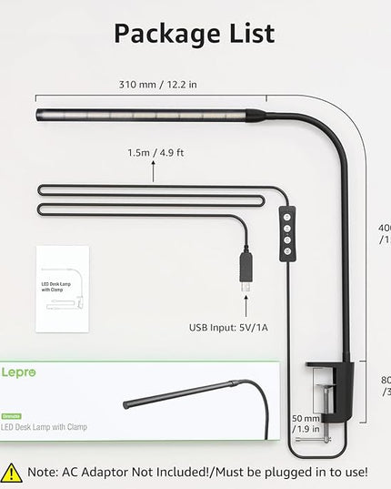 Lepro Clip on Desk Lamp LED Reading light Dimmable USB Small Clamp Lamp with 3 Color Modes 10 Brightness, Adjustable Flexible Gooseneck Table Light for Bed Headboard, Nail, Home Office,Computer(Black) - LeafyLoom