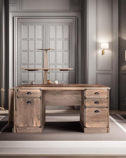 Modern Executive Desk, 59" Vintage Farmhouse Study Writing Desk with Storage Drawers, Industrial Wood Computer Manager's Desk with Knee Space for Home Office, Rustic Oak - LeafyLoom