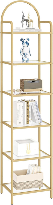 Bookcase Bookshelf, Tempered Glass Bookshelves, Slim Shelving Unit for Bedroom, Bathroom, Home Office, Steel Frame, 6 Tier Gold BC10601G - LeafyLoom