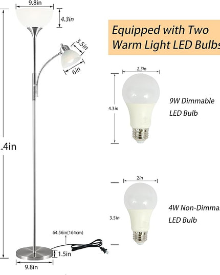 Floor Lamp, Dimmable Standing lamp, 3 Levels Dimmable Brightness, Included 9W and 5W LED Bulbs, Industrial Floor Lamp for Living Room, Bedroom, Office, Reading - LeafyLoom