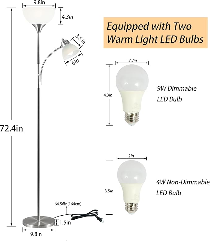 Floor Lamp, Dimmable Standing lamp, 3 Levels Dimmable Brightness, Included 9W and 5W LED Bulbs, Industrial Floor Lamp for Living Room, Bedroom, Office, Reading - LeafyLoom
