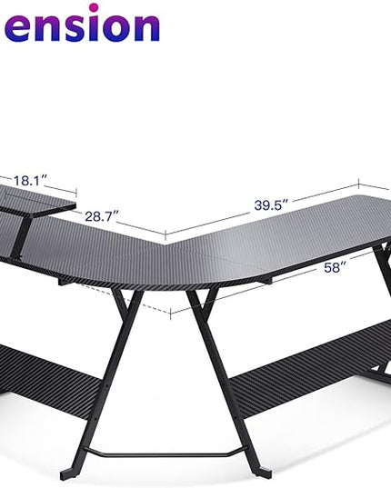 MOTPK L Shaped Gaming Desk 58 Inch, Gaming Computer Desk L Shape with Carbon Fiber Surface, Gamer Desk Gaming Table with Monitor Shelf, Cup Holder & Headphone Hook, Black - LeafyLoom