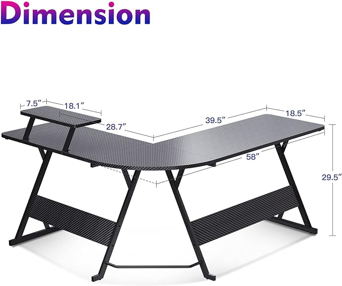 MOTPK L Shaped Gaming Desk 58 Inch, Gaming Computer Desk L Shape with Carbon Fiber Surface, Gamer Desk Gaming Table with Monitor Shelf, Cup Holder & Headphone Hook, Black - LeafyLoom