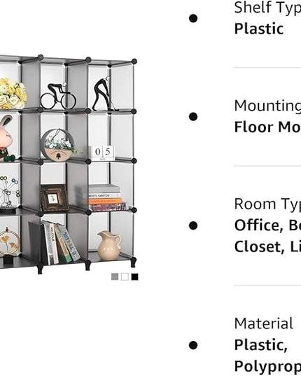 ANWBROAD Cube Storage Organizer, 16-Cube Cubby Shelving Book Shelf Living Room, Closet Clothes organizers, Kids Toys Craft Yarn Storage with Rubber Hammer for Bedroom Office Gray ULCS016H - LeafyLoom