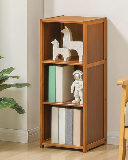 MoNiBloom Narrow Bookcase Bamboo 3 Tier Free Standing Tall Bookshelf Display Storage Shelves Space Saver for Home Living Room Study Room, Brown - LeafyLoom