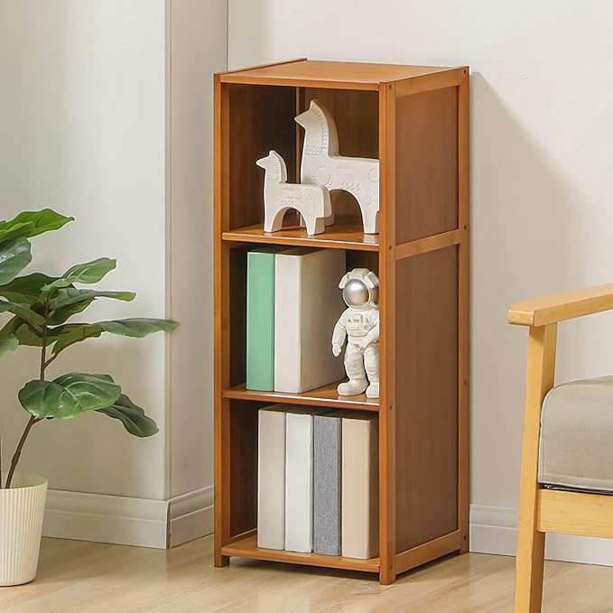 MoNiBloom Narrow Bookcase Bamboo 3 Tier Free Standing Tall Bookshelf Display Storage Shelves Space Saver for Home Living Room Study Room, Brown - LeafyLoom