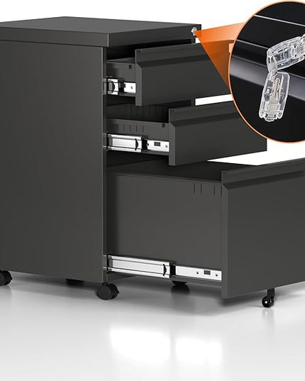 Mobile File Cabinet Under Desk, 3 Drawers Metal File Cabinet with Wheels, Rolling Filing Cabinets with Lock for Home Office Letter/Legal/A4 - LeafyLoom