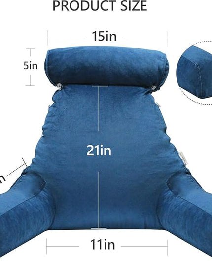 Shredded Foam Reading Pillow with Detachable Neck Roll & Big Bed Backrest Pillow for Bed with Arms and Side Pocket - Perfect for Back Support While Relaxing, Gaming, Reading - LeafyLoom