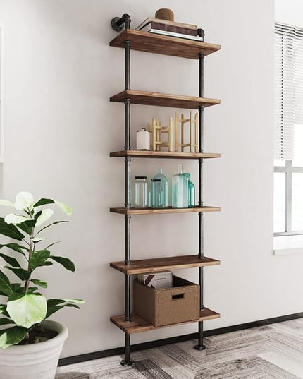 Industrial Pipe Bookshelves Rustic Wall Ladder Bookshelf Display Storage Stand Shelf Bookcase for Living Room, Kitchen, Office (6 Tier) - LeafyLoom