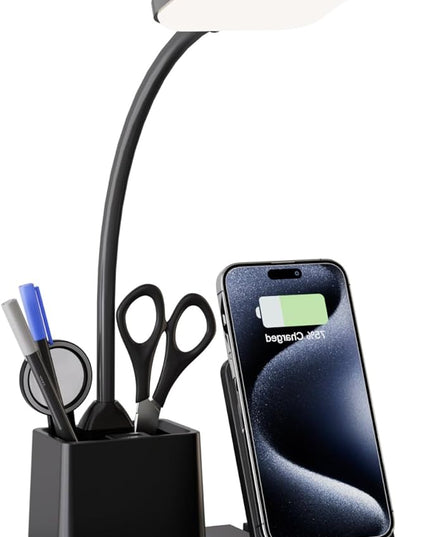 Sailstar Desk Lamp with Wireless Charger USB Charging Port, LED Desk Lamps for Home Office, 800LM 3 Lighting Modes Dimmable Pen Holder 360°Gooseneck, Eye-Caring Desk Light for College Dorm Room, Black - LeafyLoom