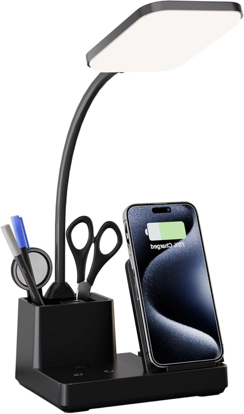 Sailstar Desk Lamp with Wireless Charger USB Charging Port, LED Desk Lamps for Home Office, 800LM 3 Lighting Modes Dimmable Pen Holder 360°Gooseneck, Eye-Caring Desk Light for College Dorm Room, Black - LeafyLoom