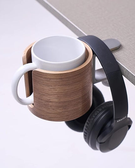urbanplus Desk Cup Holder, Anti-Spill Walnut Wood Cup Holder for Desk with Aluminium Clamp, Office Desk Accessories, Gaming Desk Accessories, Computer Desk Accessories - LeafyLoom