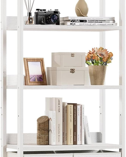 Furologee 5 Tier Bookshelf with Drawers, White Tall Bookcase with Shelves, Wood and Metal Book Shelf Storage Organizer, Modern Display Free Standing Shelf Unit for Bedroom, Living Room, Office - LeafyLoom