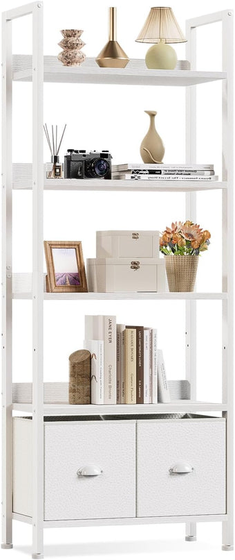 Furologee 5 Tier Bookshelf with Drawers, White Tall Bookcase with Shelves, Wood and Metal Book Shelf Storage Organizer, Modern Display Free Standing Shelf Unit for Bedroom, Living Room, Office - LeafyLoom