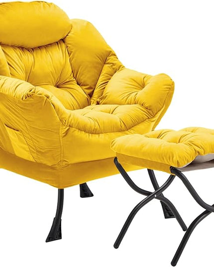Lazy Chair with Folding Ottoman, Accent Chair Velvet Upholstered with Metal Structure and Non-Slip Pads, Sofa Armchair with Footrest and Side Storage Bag for Dorm, Room, Office, Yellow - LeafyLoom