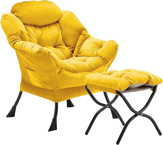 Lazy Chair with Folding Ottoman, Accent Chair Velvet Upholstered with Metal Structure and Non-Slip Pads, Sofa Armchair with Footrest and Side Storage Bag for Dorm, Room, Office, Yellow - LeafyLoom