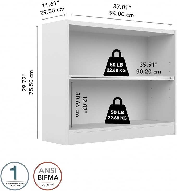 Bush Furniture Universal Small 2 Shelf Bookcase in White, Low Bookshelf for Living Room, Personal Home Office, or Professional Workspace - LeafyLoom