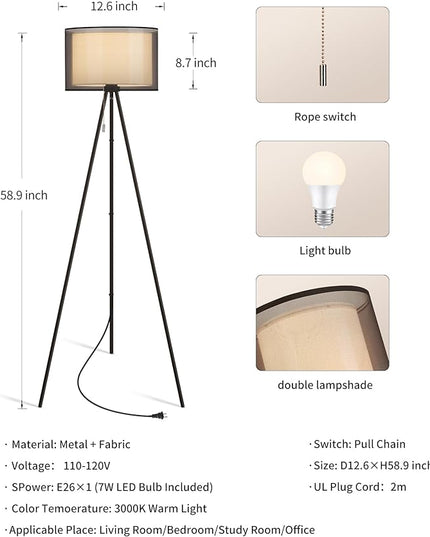 KDG Modern Floor Lamp for Living Room, Tall Tripod Floor Lamp Corner Lighting, Fabric Lampshade LED Bulb Bright Pole Light, High Light for Bedroom, Reading, Office, Study Room, Warm Light(Black) - LeafyLoom